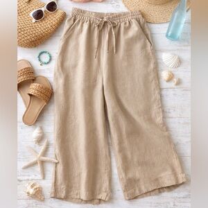 Ecupper 100% Linen Wide Leg Cropped Pants 2XL Tan Elastic Waist Relaxed Coastal